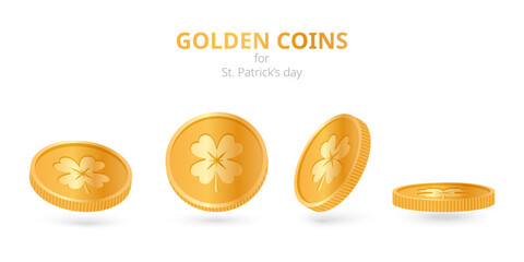 Collection of 3d four leaf clover golden coins. Elements for Saint Patrick's day. Isolated on white. Lucky shamrock coins Vector realistic 3D illustration. Leprechaun treasure. Lucky talisman. 