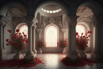 interior of a room in a palace decorated with red and white flowers