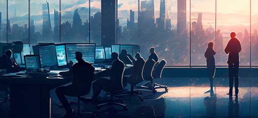 Work in a large office with windows overlooking the city, a lecture on programming Generative AI
