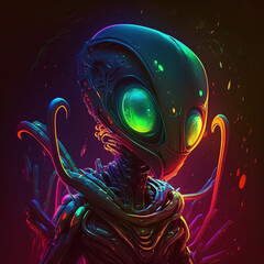 Wall Mural - 3D alien with glowing green eyes