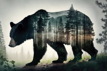 double exposure of a black bear and forest. generative ai illustration.