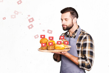 Creative collage image of baker guy smell aromat fresh pastry tray like notification isolated on white background