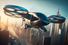 Future Of Urban Air Mobility, City Air Taxi, UAM Urban Air Mobility, Public Aerial Transportation, Passenger Autonomous Aerial Vehicle AAV In Futuristic City, Generative AI