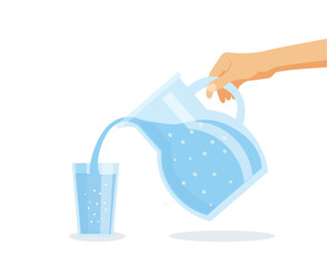 Woman hand with jug fills a glass with drinking water. Freshness, thirst, diet vector illustration.