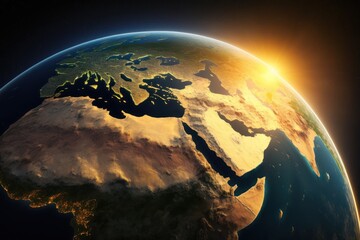 Wall Mural - Planet Earth curvature. Aerial view from space. Europe and Africa and ocean at sunrise. Generative AI