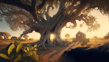 Wall Mural - big tree in the field at sunset background
