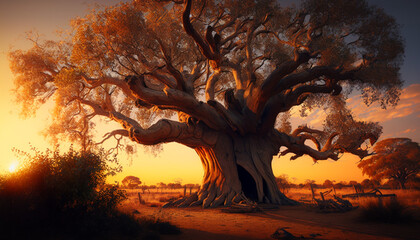 Wall Mural - big tree in the field at sunset background
