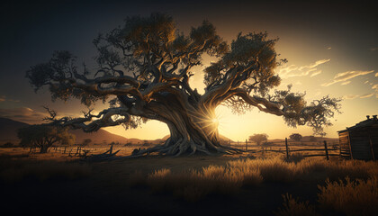 Wall Mural - big tree in the field at sunset background