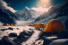 Tent Camp And Orange Tents On The Plateau Of A Mountain Valley, The Point Of Acclimatization Of Climbers Before A High-altitude Hike. Generative AI