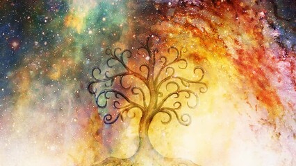 Poster - tree of life and space background, yggdrasil. Loop Animation.