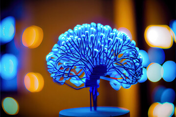 Sticker - brain neuron neural communication and technology concept, brain in blue lights and electronic circuits, created with Generative AI technology