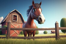 Cute Cartoon Horse On A Farm (Created With Generative AI)