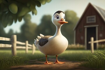 Wall Mural - Cute Cartoon Goose on a Farm (Created with Generative AI)