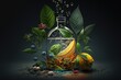 Creation of a traditional perfume with leaves and flowers, illustrated aromatherapy. Ai generated