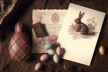 A Vintage Easter Bunny Rabbit Postcard Illustration, Colorful Easter Eggs And Chocolate Decorative Eggs, On A Wooden Table With Drawings, Letters And Fountain Pen. Copy Space. Generative Ai  