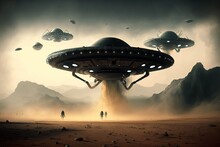UFOs Hovering Over A Desert With Aliens, Generative Ai
