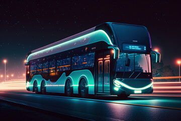 A futuristic electric bus with beautiful blue neon lights driving on a highway at night, generative ai