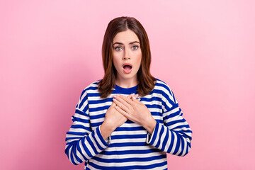 Sticker - Portrait of shocked young lady hands touch chest open mouth staring cant believe isolated on pink color background