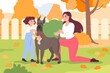 Mother and daughter playing with dog outside vector illustration. Happy woman kneeling and girl hugging pet in autumn backyard or park. Family spending time together. Pet training, animal concept