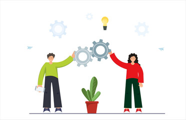 Tiny happy man and woman generating ideas and holding gears, teamwork concept, idea management, flat vector illustration