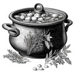 Engraving of a pot of soup on a white background