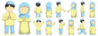 © Riana Cableme - Moslem boy and girl character with blue and yellow pastel outfit. Moslem couple cartoon character. Suitable for ramadhan graphic design element and sticker pack