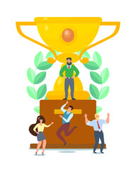 Wall Mural - team of workers winning competition vector illustration. tiny people on golden cup award celebrating