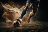 Fototapeta Sport - Professional football or soccer player in action on stadium with flashlights, kicking ball for winning goal, wide angle. Concept of sport, competition, motion, overcoming. (ai generated)