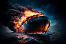 A Dramatic View Of An Oil Tanker Engulfed In Flames During An Accident Or Emergency Situation At Sea Generative AI