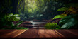 Empty wooden table top product display showcase stage. Tropical jungle and waterfall background. Generative ai