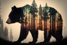 Double Exposure Of A Black Bear And Forest. Generative AI Illustration.