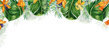 Jungle. Rectangular Composition Of Watercolor Elements Of Green Plants, Orange And Purple Jungle Flowers. All Elements Are Hand-painted With Watercolors. Suitable For Printing, Nursery, Textile.