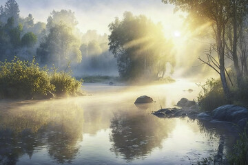 warmy beautiful morning summer landscape with mist on a river. generative ai