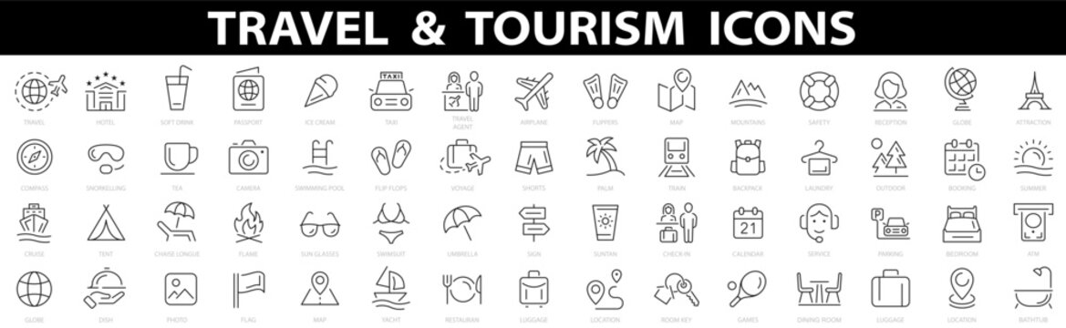 travel and tourism icon set. airplane, trip, beach, passport, summer vacations, luggage, camping, ho
