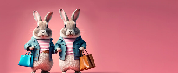 two cute rabbits in clothes go shopping. easter bunnies in a realistic style. place for your text. b
