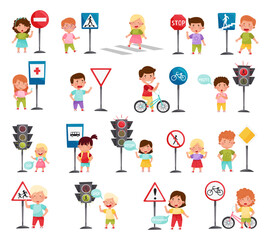 Wall Mural - Traffic Road Education with School Kids Learning Safety Rules Big Vector Set