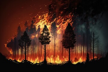 Wall Mural - Forest fire with trees on fire. Generative AI