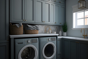 Wall Mural - Light laundry interior with row of washing machines and panoramic window