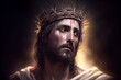 Jesus Christ wearing crown of thorns Passion and Resurection. Easter card, Good Friday. Generative AI