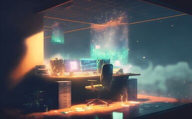 futuristic workspace with sparkling particles floating out of glowing screen, digital art style, illustration painting