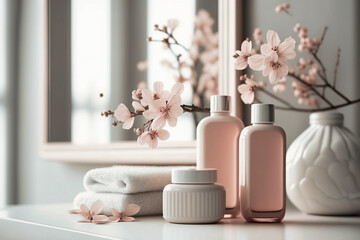 Cosmetic and beauty products for bath, spa in white bottles, branch of spring pink sakura flowers, toiletry on table in soft light white bathroom interior in geometric simple urban - Generative AI