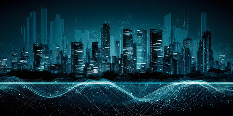 Wall Mural - Smart City and Big Data Interconnectivity with Blue Wires and Antennas against Night Skyline. Smart city and big data connection technology concept with digital blue wavy wires with antennas.