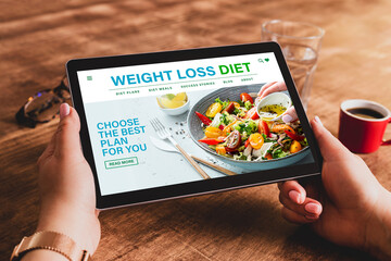 Weight loss diet plan or dietary meal delivery service - website. Made up illustrative content design.