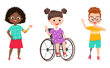 Special needs handicapped children with friends. Inclusive education. Girl in a stroller, amputee kids. Disabled kids inclusion at modern society concept. Cartoon vector illustration 