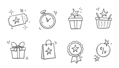 Doodle gift, discount coupon icon set. Hand drawn sketch style bonus prize, loyalty program icon. Money reward program offer doodle. Vector illustration