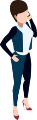 Poster - Talking on phone business woman character. Isometric work call icon