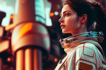 Wall Mural - Portrait of an astronaut in a spacesuit. High-tech astronaut from the future. The concept of space travel. Generative AI Art