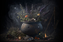 Green Witch Floral Cauldron, Witchcraft Magic Wallpaper AI Generated