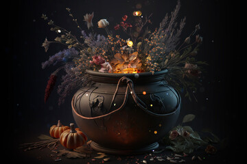 Green witch floral cauldron, witchcraft magic wallpaper AI Generated