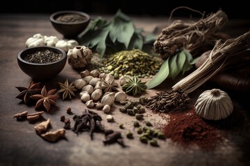 many kind of Chinese herb on wooden table, idea for healthy food and alternative medicine, Generative Ai 